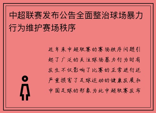 中超联赛发布公告全面整治球场暴力行为维护赛场秩序